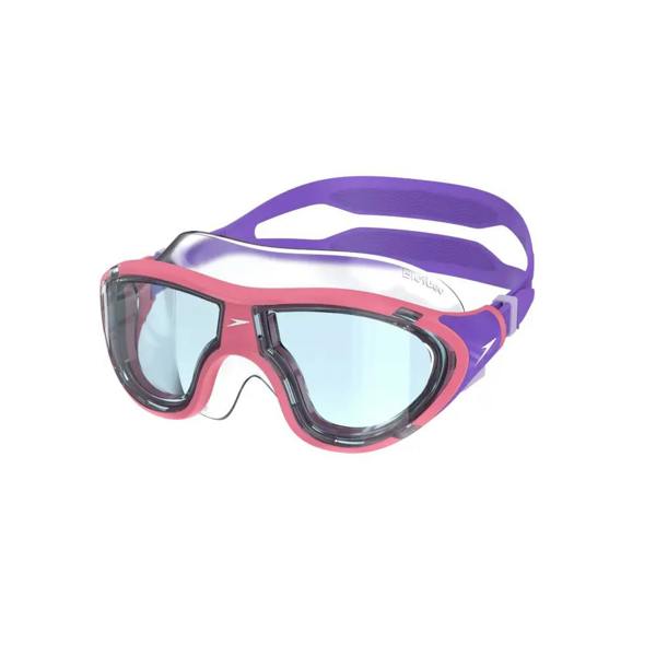Stylish pink and purple Speedo Biofuse 2.0 junior swim masks with clear lenses