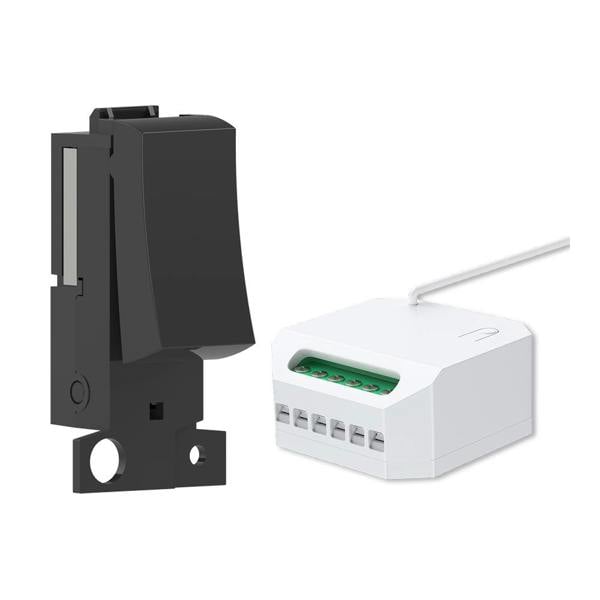 A black 1 Gang Grid Switch with a WiFi 5A RF Mini Receiver, both components are shown against a white background.