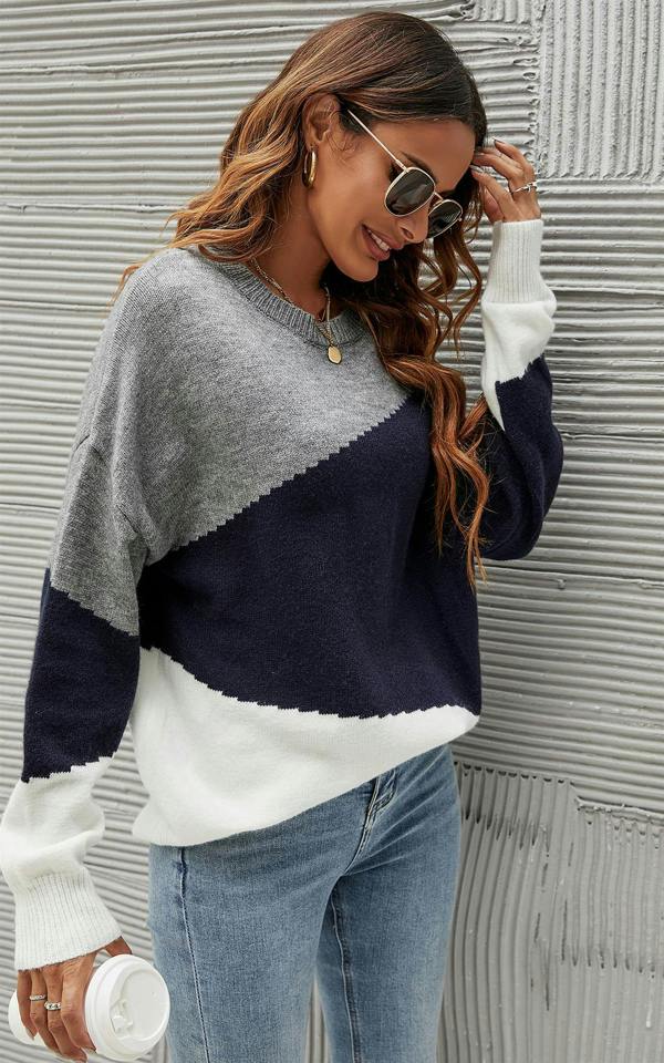 FS Collection Navy & White Block Colour Jumper Top In Grey