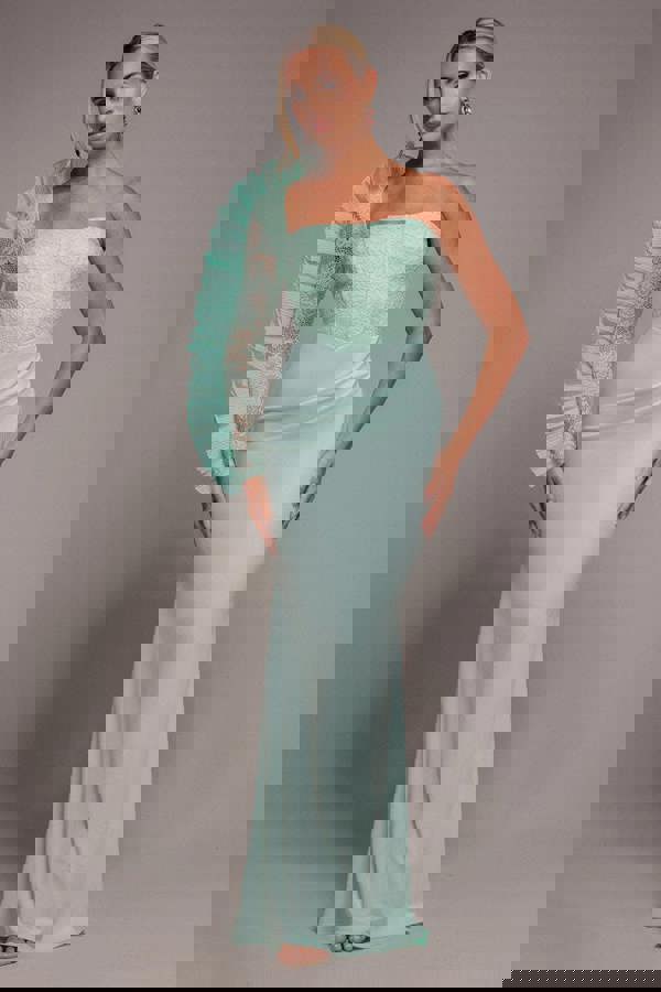One Shoulder Organza  Fan Detail Lace Bodice Maxi Dress - Mint Green DR4577