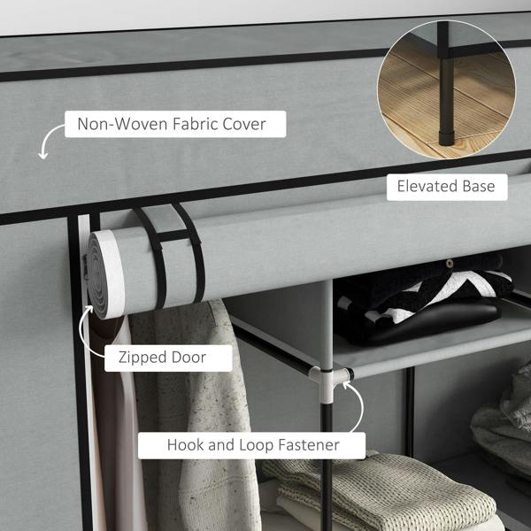 Close-up of dark grey fabric wardrobe with non-woven cover, zip door, and hook fastener