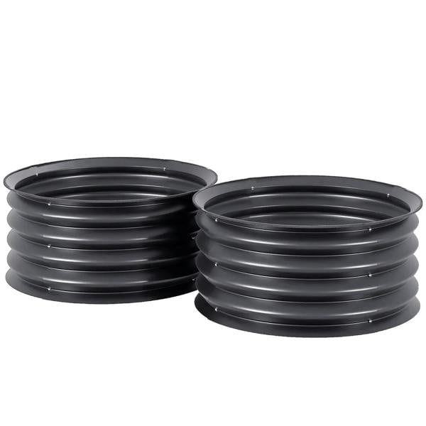 Set of 2 dark grey metal raised garden beds with stacked, ribbed sides and open tops
