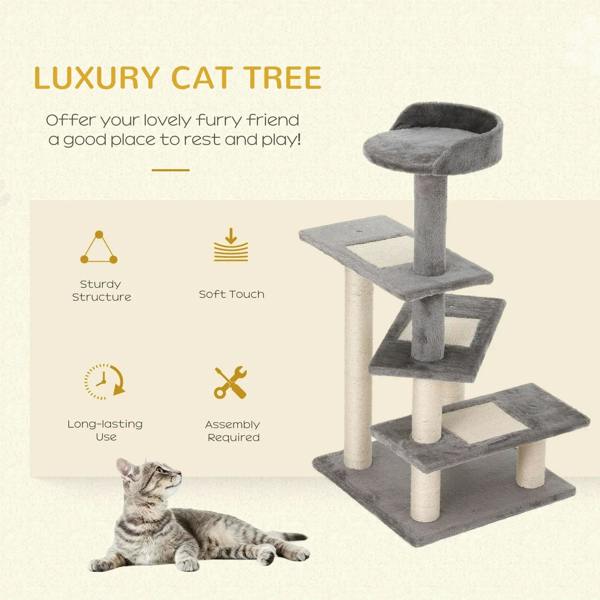 Grey and cream cat tree tower with round top perch and sisal-wrapped post
