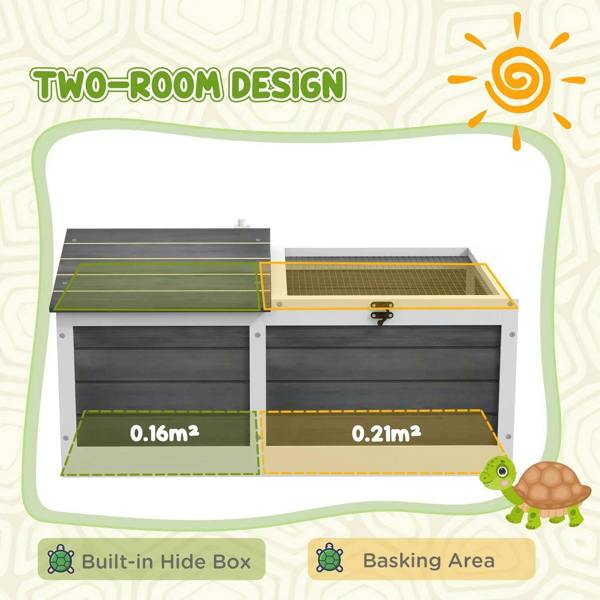 Dark grey two-compartment reptile shelter with hide box and basking area under mesh