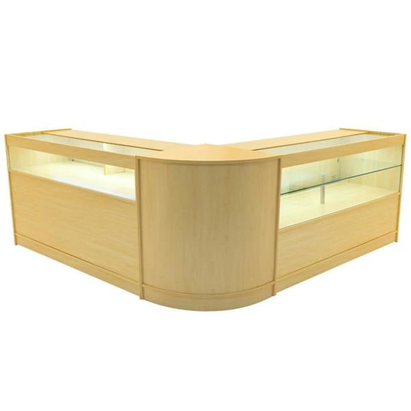 Adonis LED Shop Counter Set in maple finish features sleek, curved design with glass display sections for showcasing products