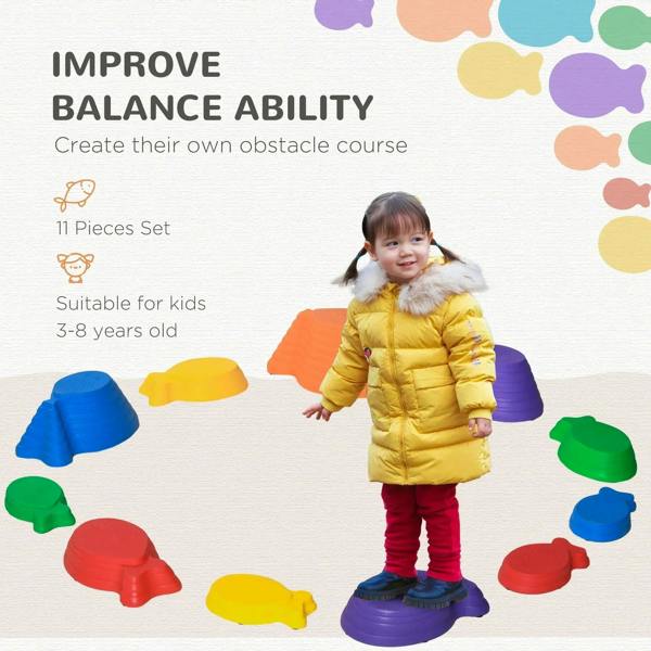 Kids balance stepping stones set with multicolored dome pieces and a purple stepping stone
