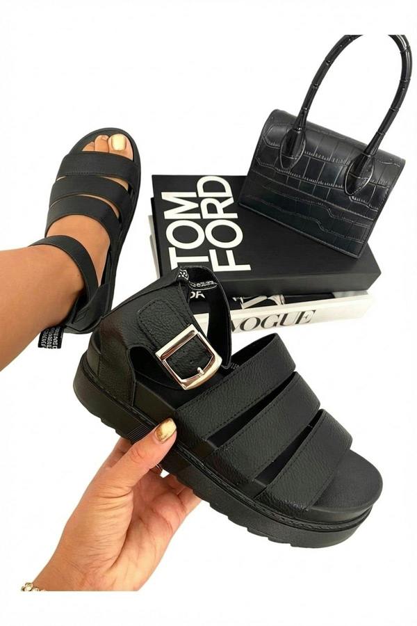 Callie Strappy Gladiator Chunky Sandals - Black_wb