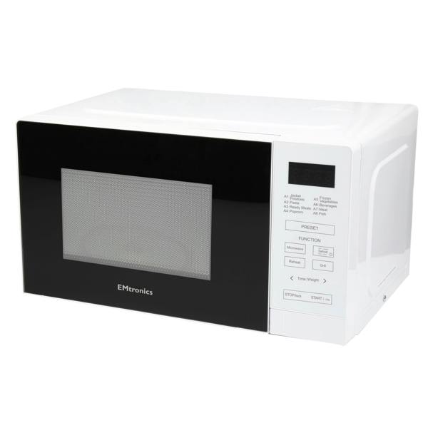 EMtronics 20 Litre White 700W Microwave With 800W Grill, Timer and Preset Menu