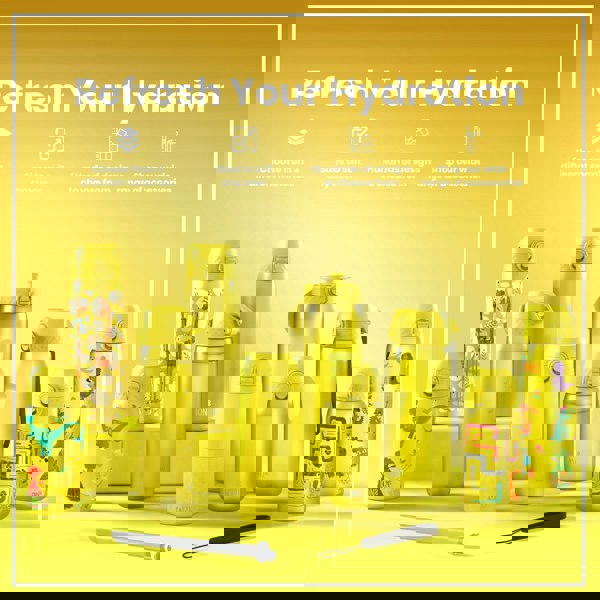 Yellow water bottles, various sizes and designs, are displayed on a yellow background. A tagline reads "Refresh Your Hydration". Additional text describes material options, sizing, design choices and accessories.