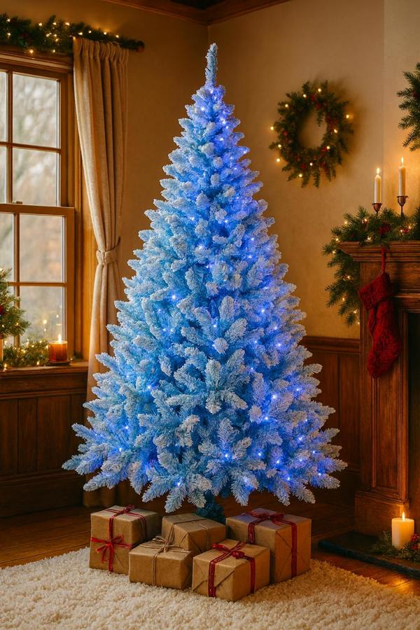 4ft to 8ft Pre-Lit Blue Flocked Christmas Trees with Blue LED Lights and Snowy Finish image 6