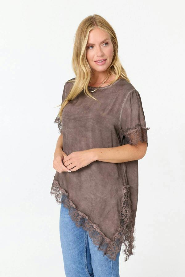 Brown | Lace Trim Asymmetric 1/2 Sleeve Top