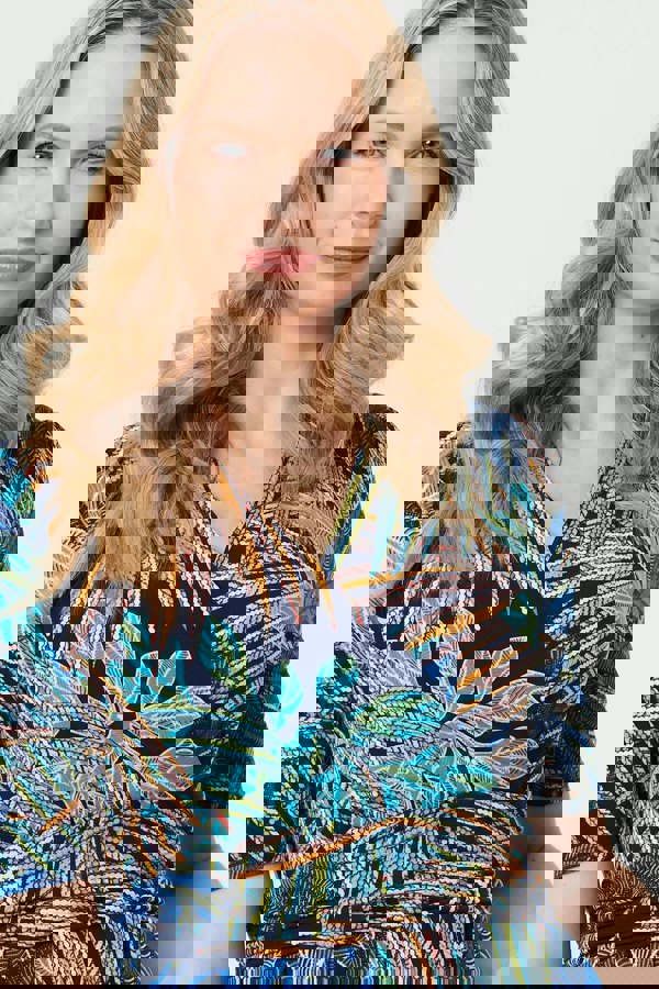 Blue | Leaf Print Wrap Front Pleat Midi Dress
