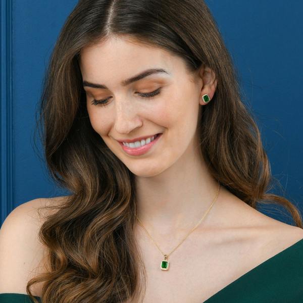 namana Gold Plated 925 Sterling Silver Green Rectangle Halo Pendant Necklace For Women