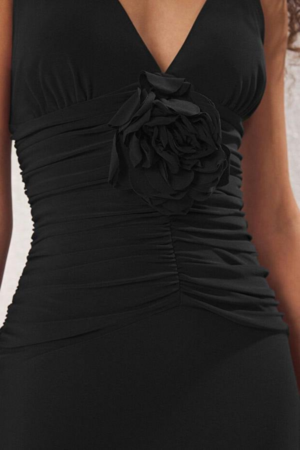 WOVCOR Elegant Maxi Knit Evening Dress with Rose Detail