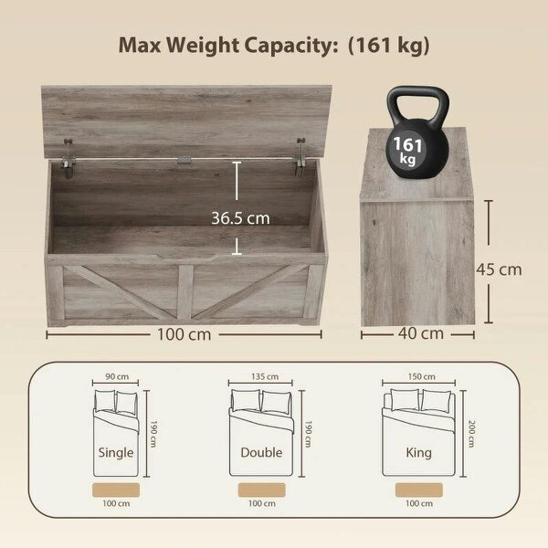 127L Home Storage Box, with Safety Hinges - Grey Wood-Effect