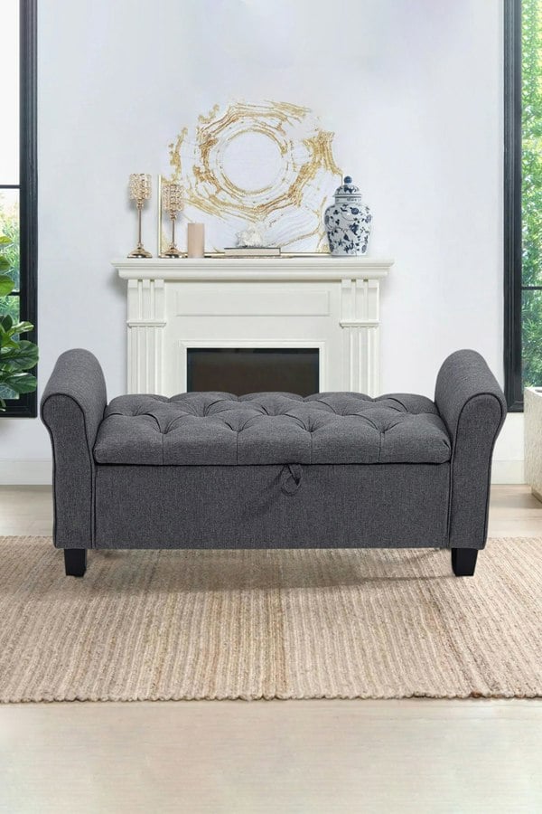 Living and Home Linen Splayed Armrest Storage Ottoman Bench Chaise