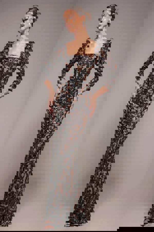 Square Neck Scalloped Lace Maxi - Black DR4016