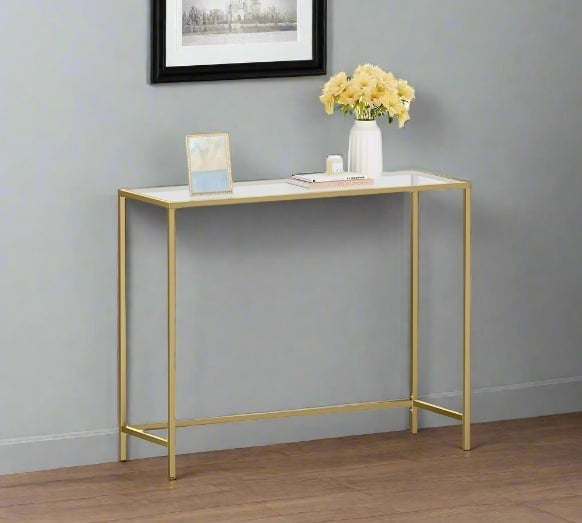 Modcraft Modern Golden Metal Console Table with Tempered Glass Top – 100 x 35 x 80 cm