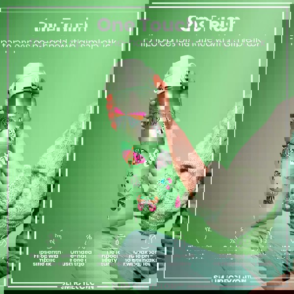 A water bottle, decorated with butterflies, is held; its flip top opens one-handed. The context is a green background. "One Touch. Flip top opens one-handed with a simple click. Flips open with a simple click. One-handed use on the go. Triple lock security. 100% leak proof - no twisting, no leaks. SLIM RECYCLON™"