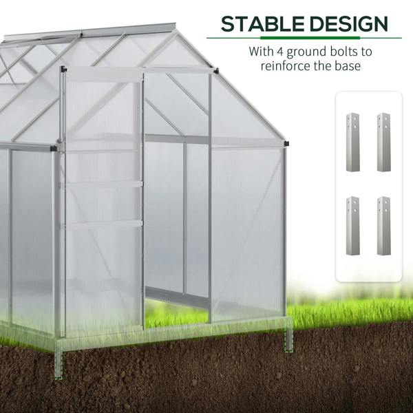 Walk-in polycarbonate greenhouse on metal legs with reinforced ground bolts