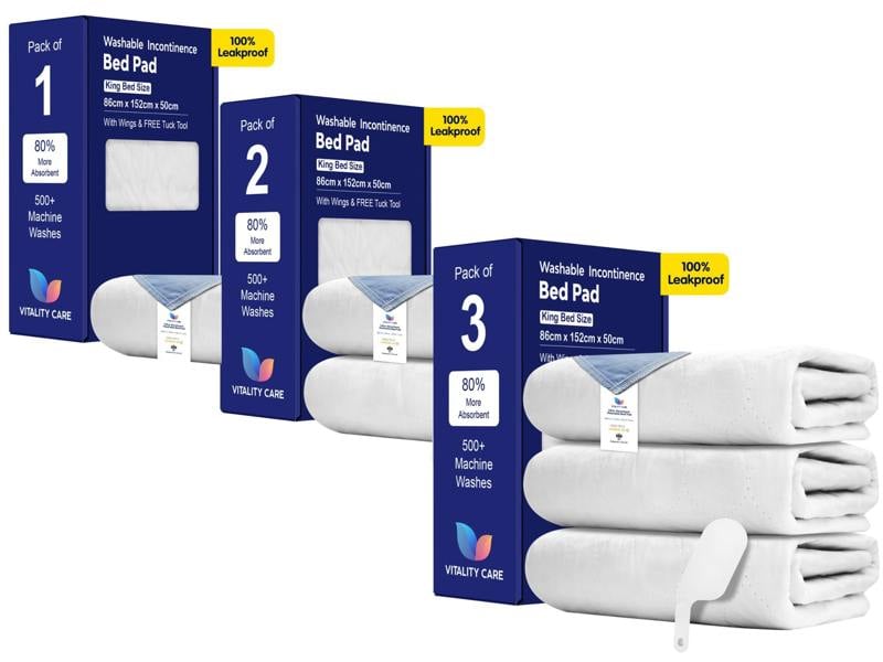 Vitality Care Washable Incontinence King Size Bed Pad, Mattress Protection with Tuck Flaps & Tuck Tool  86 x 152cm