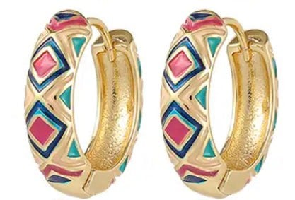 One Of A Kind Club Pink, blue and green enamel gold huggie