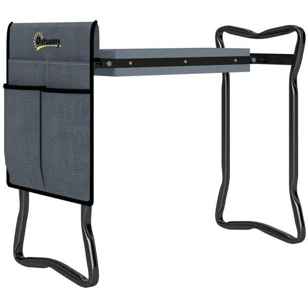 Grey padded garden kneeler with steel frame and attached tool bag, black handle
