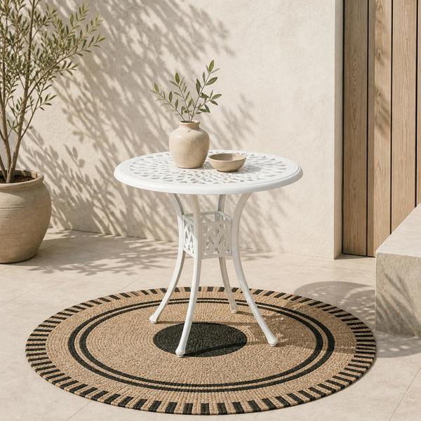 Wyld Haus Kenofa Cast Aluminium White Round Garden Dining Table With Parasol Hole