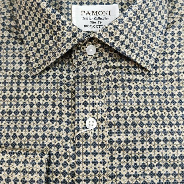 Men’s Beige & Navy Geometric Print Slim Fit Shirt – Double Cuffs