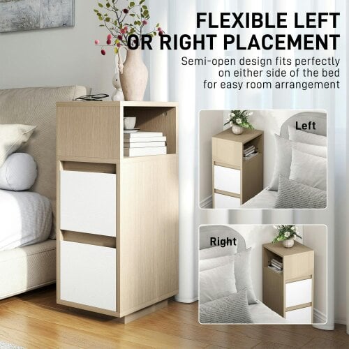 Wyld Haus Noyo Natural Wood Finish Slim Bedside Table With 2 Drawers And Open Shelf