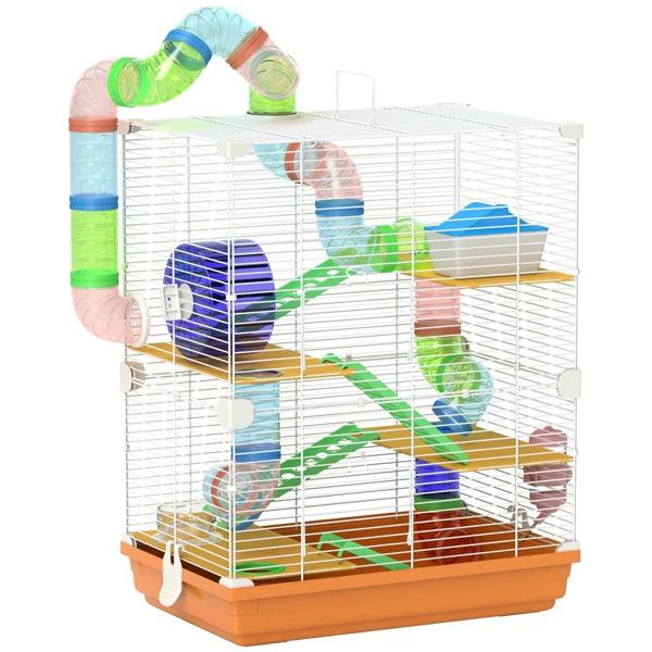 Orange 5-tier hamster cage with white wire bars, exercise wheels, tubes and ramps