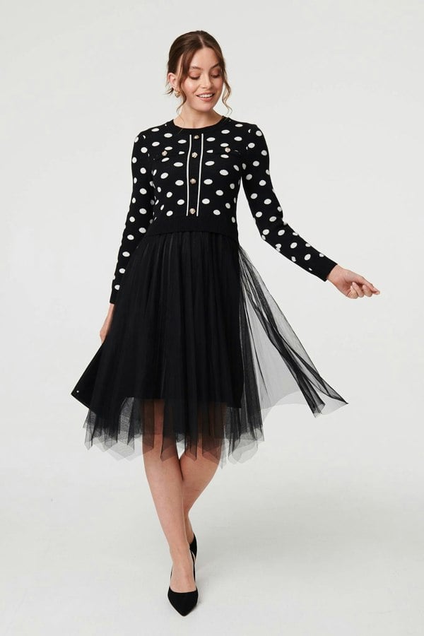 Black | Polka Dot Semi Sheer Mesh Midi Dress
