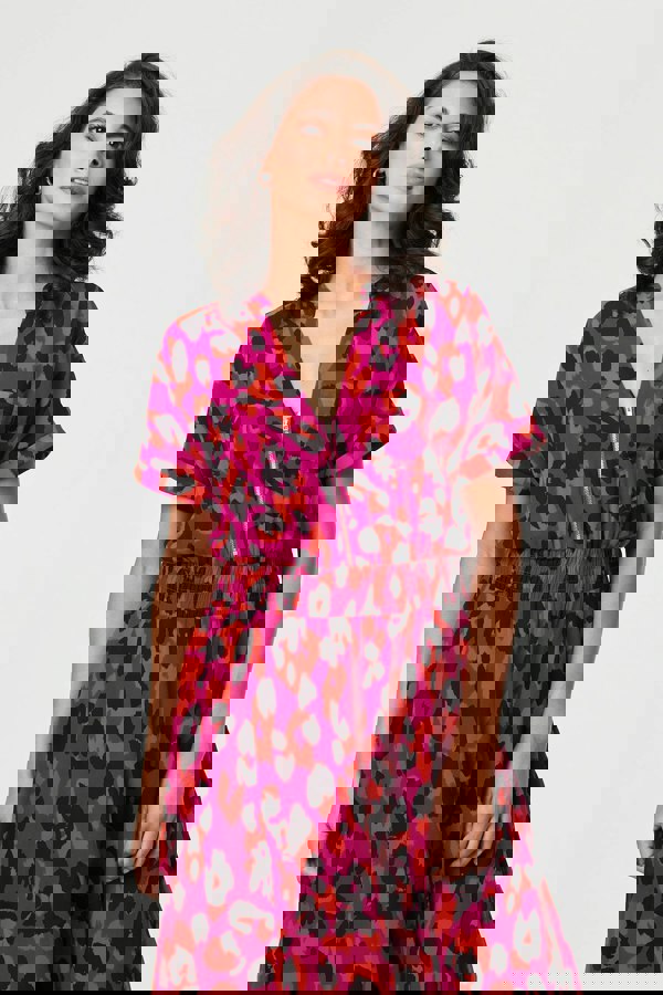 Purple | Animal Print Zip Hanky Hem Midi Dress
