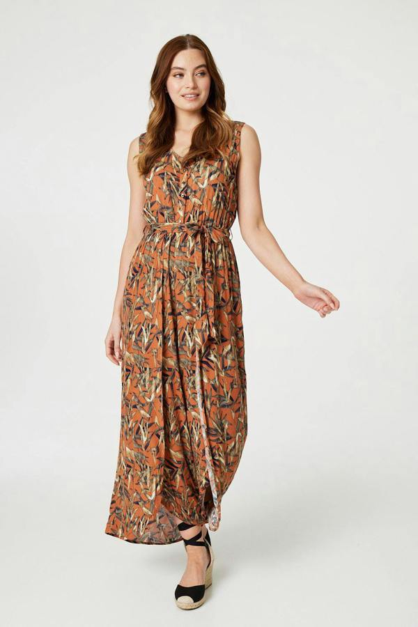Orange | Leaf Print Sleeveless Jumpsuit