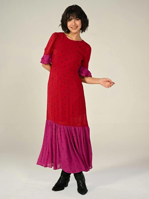 Rose & Nancy Saphi Red And Pink Polka Dot Maxi Dress