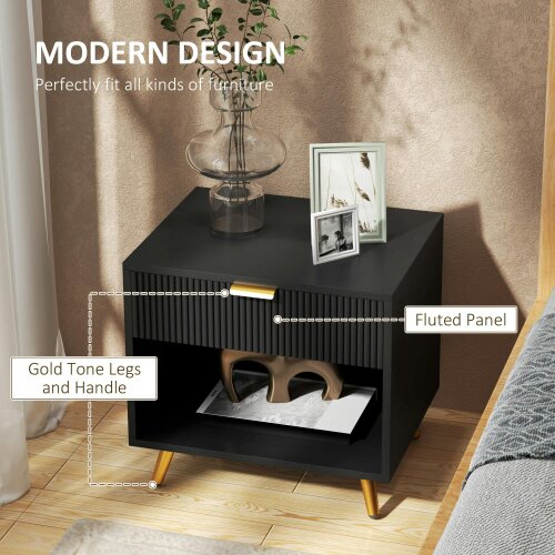 Wyld Haus Hana Bano Black And Gold Tone Elegant Bedside Table With Ribbed Drawer And Shelf