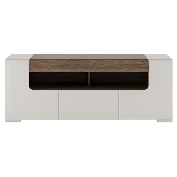 Wyld Haus Porto 140cm Gloss White TV Cabinet with Oak Detail 2 Doors and 1 Drawer