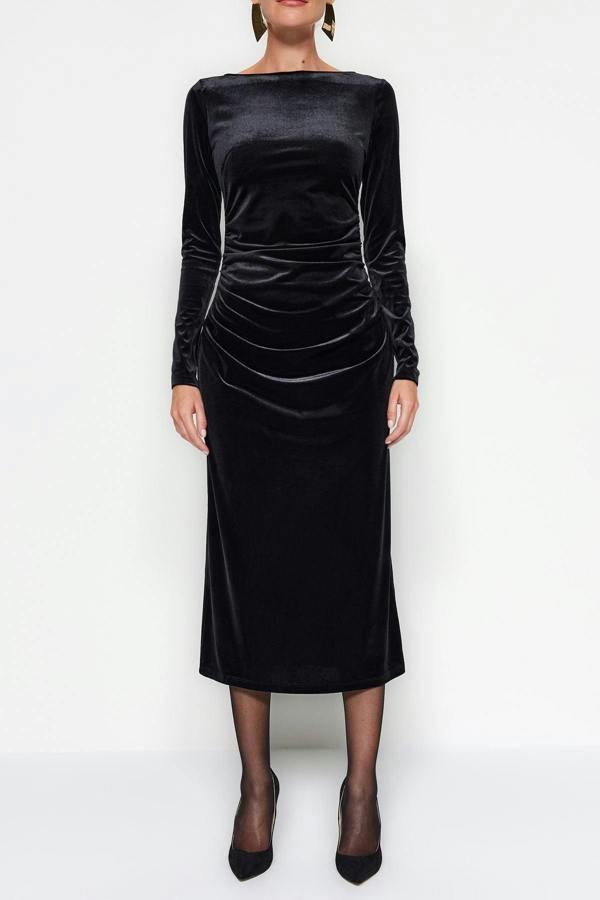 Velvet Gathered Boat Neck Long Sleeve Bodycon Maxi Dress