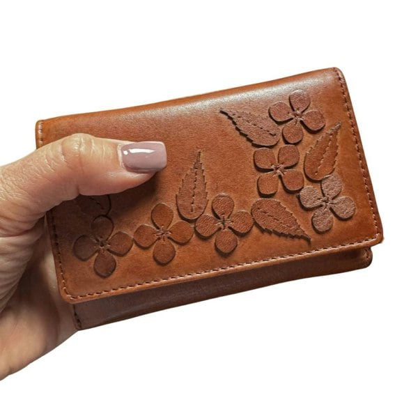 Mala Leather Wild Bloom Classic Floral Tan Leather Tri-Fold Purse