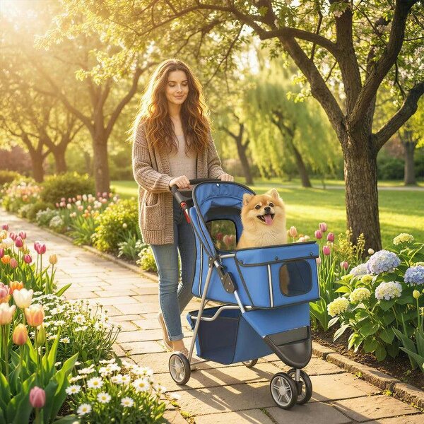 3 Wheel Pet Stroller for Small and Miniature Dogs, Blue - Blue