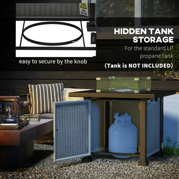 Grey gas fire pit table with hidden-tank storage door under the tabletop