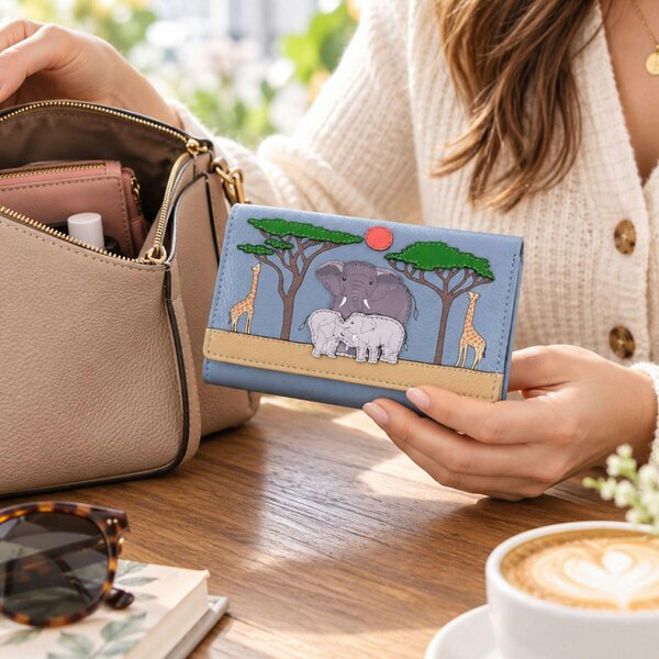 Mala Leather Savanna Safari Elephant & Giraffe Leather RFID Trifold Purse