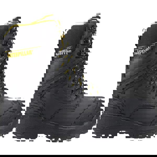 Caterpillar Striver XL 8" Mens Side Zip Waterproof S7 Safety Ankle Boots, black rugged work boots with yellow accents and side zip for easy wear.