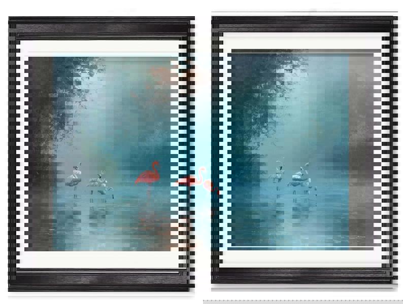 Exceptional Art Misty Lake Flamingos - Black Hurstwood frame