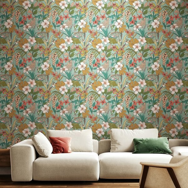 Hoopla Walls Oasis - Coral & Teal 10m Wallpaper