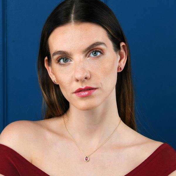 namana Gold Plated 925 Sterling Silver Red Pear Drop Halo Pendant Necklace for Women