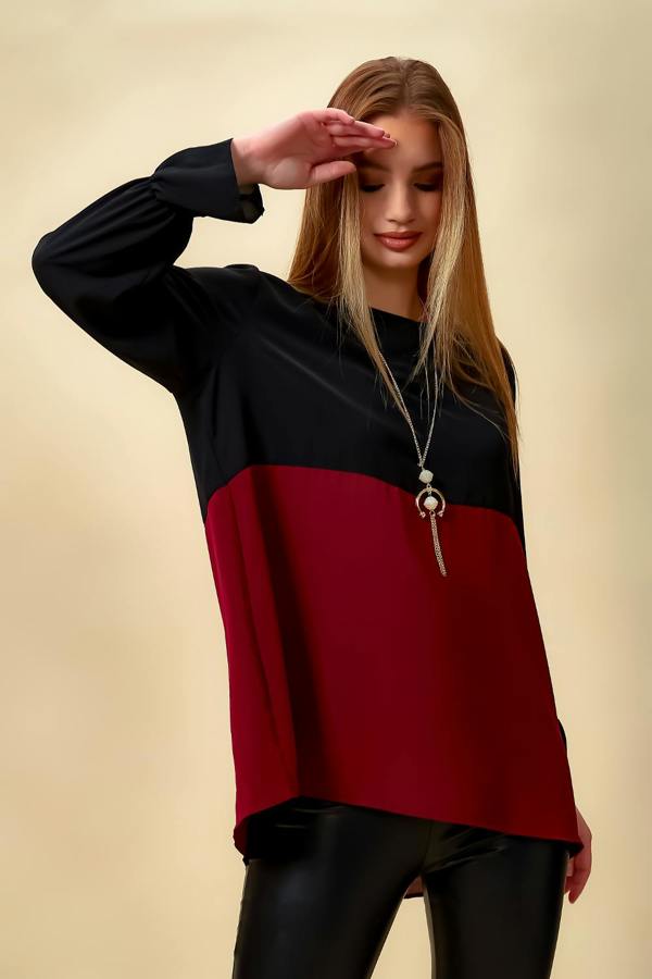 Hoxton Gal Colour Block Blouse in Black and Burgundy