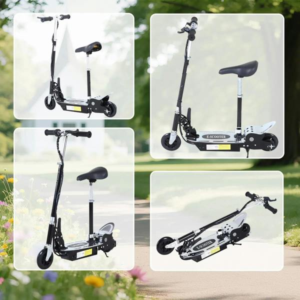 Black foldable powered scooter shown from multiple angles with padded seat