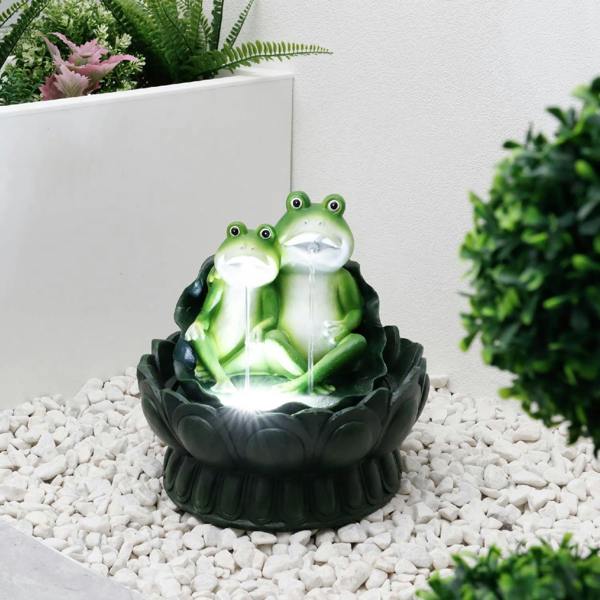 Gardenwize Solar Powered Two Frogs on a Lily Pad Water Feature with LED Light & Battery Backup