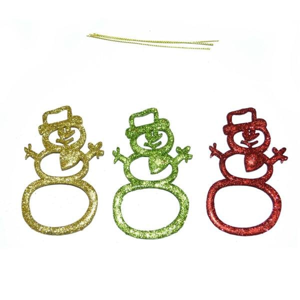 3 Piece Glitter Snowman Hanging Christmas Tree Decorations in Red, Green and Gold image 1